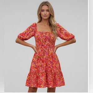 Shirred Floral Print Square Neck Puff Sleeve Dress